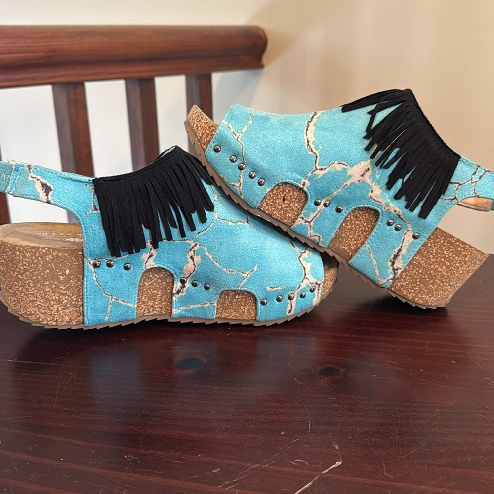 Crazy Train Turquoise stone fringe wedge platform faux suede sandals 9 - Picture 9 of 14